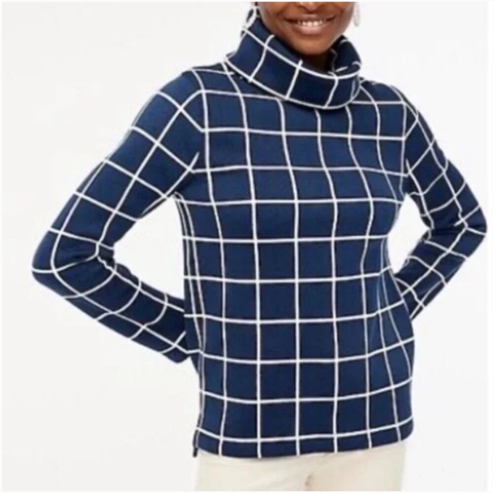 J. Crew navy blue funnelneck windowpane checked long sleeve sweater top size XS